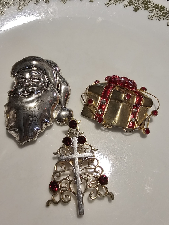 Jewelry - Festive Santa, Gift & Tree Brooch Trio - Silver & Gold with Red Accents